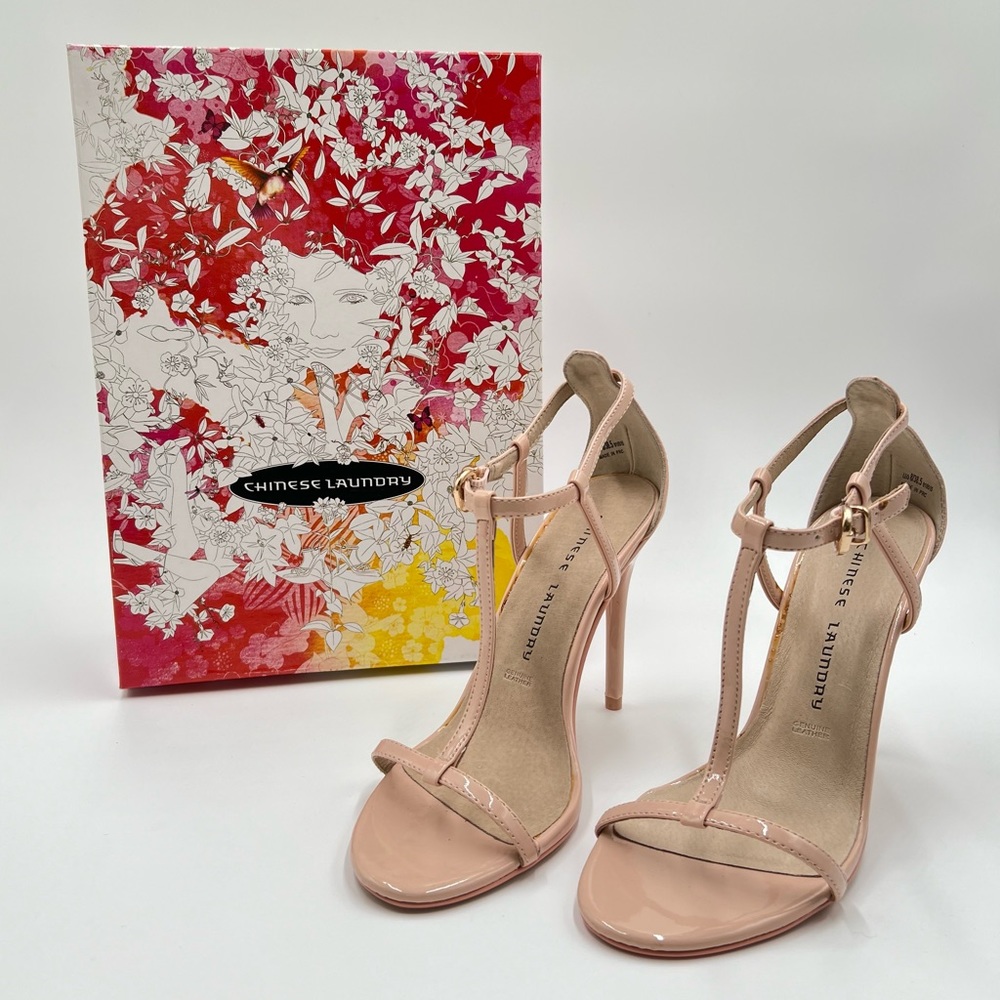 NIB Chinese Laundry Strappy T-Strap Stiletto Heels Blush Patent Leather Sz US 8